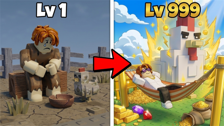 Level 1 and level 999 chicken progression scene in Grow a Chicken Fighter